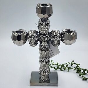 Well Dressed Home Skull Candelabra Silver Gothic Cross Candle Holder Halloween